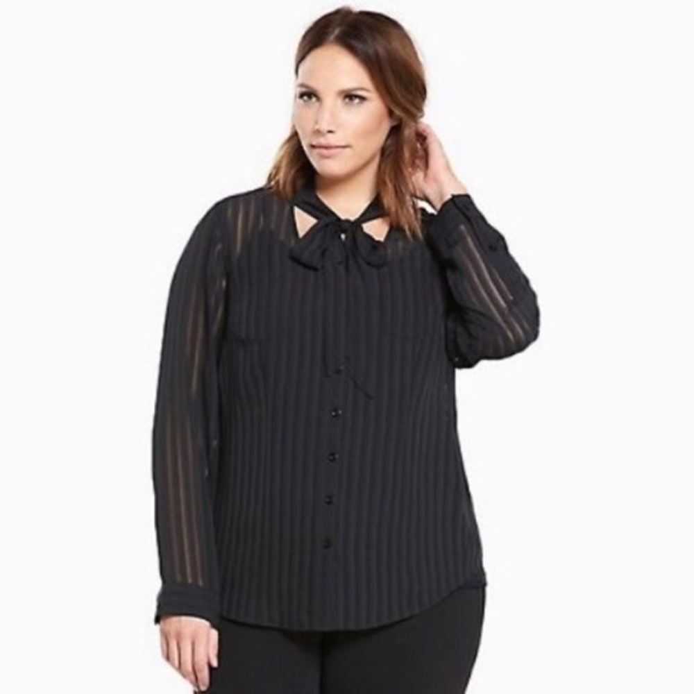 Black Shadow Stripe Tie Neck Blouse